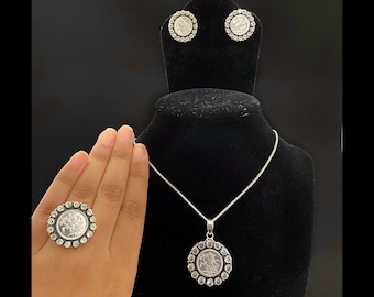 Handmade Sterling Silver Coin Jewelry Set, Oxidized Silver Necklace, Ring & Earrings