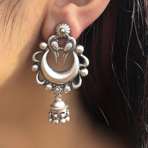 925 Hallmarked Sterling Silver Chandbali Boho Statement Earring for Women, Antique Design Silver Chandbali Crescent Moon Long Danglers