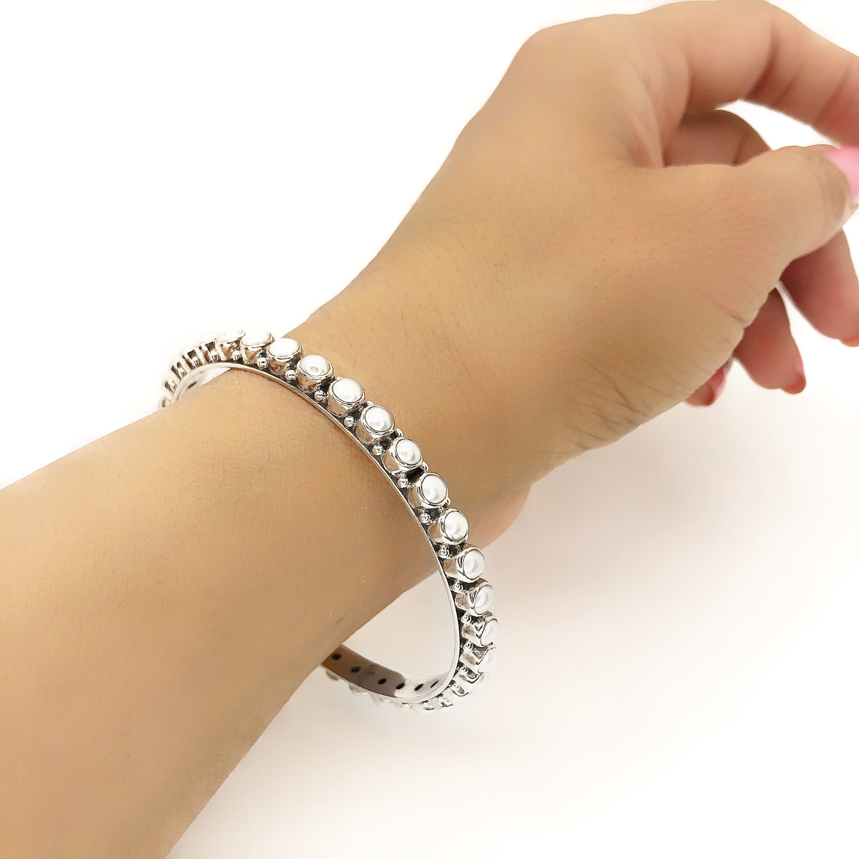 Handmade Natural Pearl Bangle for Her, Sterling Silver All Over