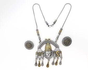 Handgemaakte geoxideerde zilvergouden Indiase kettingset, tempelsieraden