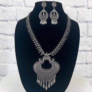 Long Indian Necklace Set, Silver Statement Necklace, Boho Hippie Jewelry, Navratri Jewelry, Oxidized Bollywood Jewelry For Women & Girls