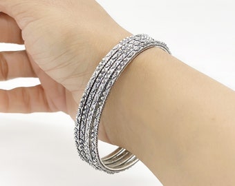 German Silver Thin Bangle Set Women, Bollywood Jewelry Metal Bangles, Brass Indian Bangles, Boho Oxidized Silver Bangle Bracelet
