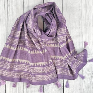 Silk Scarf Women, Hair Scarf, Silk Head Wrap, Pure Tussar Silk, Block Print, Bridesmaids Gift, Bohemian Scarf, Bandana, Turban, Tassels