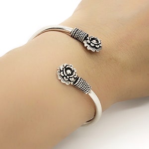 925 Silver Adjustable Flower Cuff Bracelet for Women, Sterling Silver Bangle for Girls, Boho Kada Bracelet, Floral Flexible Tribal Bracelet