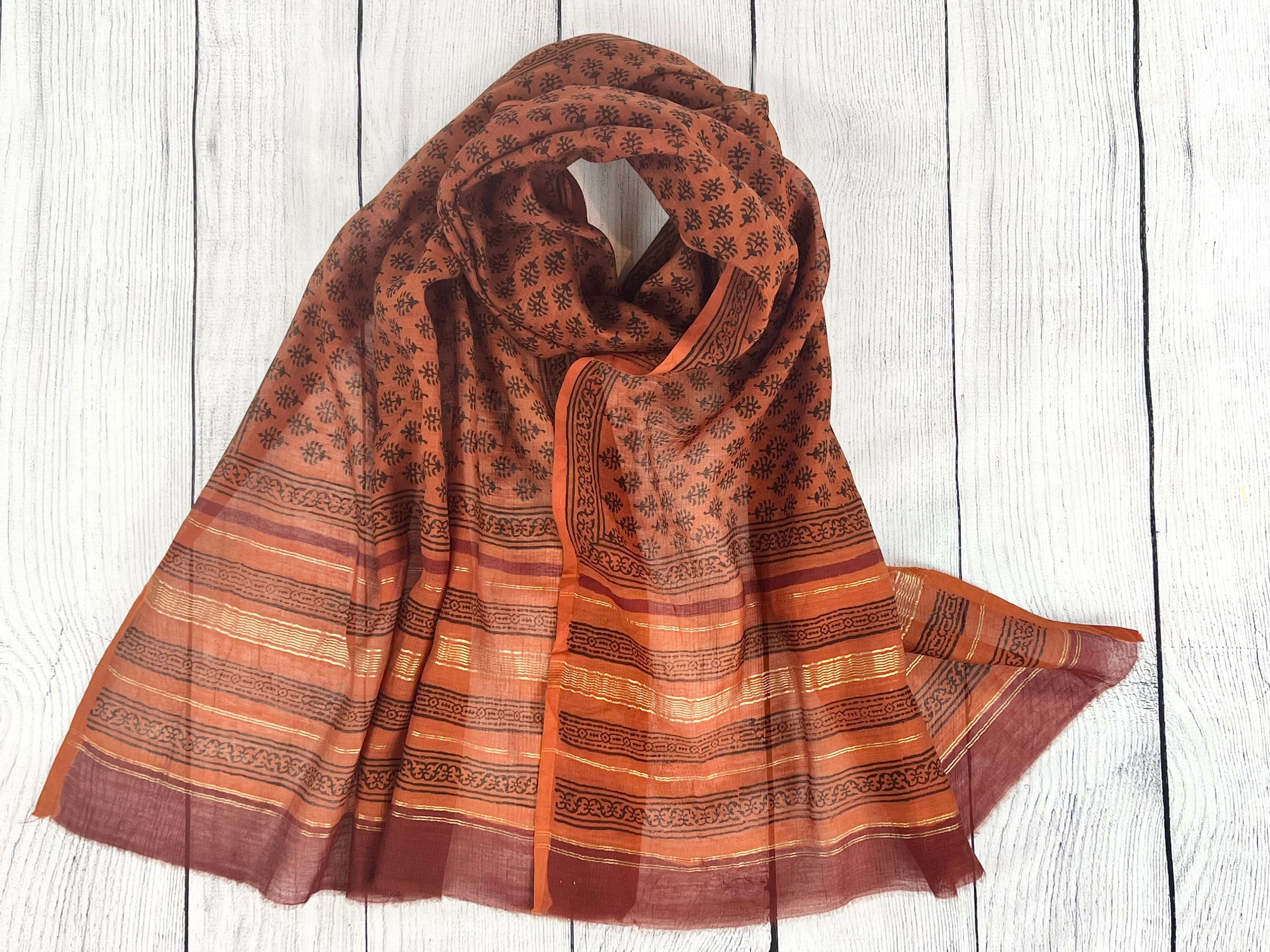 Hand Block Print Chanderi Silk Scarf, Terracotta Boho Shawl - Etsy