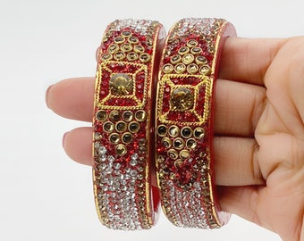 Conjunto de brazaletes de circonitas rojas y doradas, joyería nupcial india