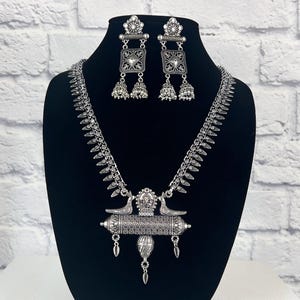 Long Indian Necklace Set, Silver Statement Necklace, Boho Hippie Jewelry, Navratri Jewelry, Oxidized Bollywood Jewelry For Women & Girls