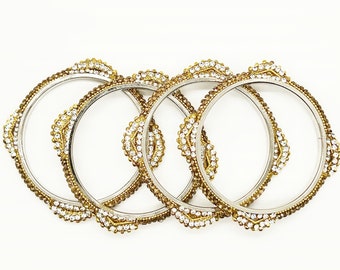 Conjunto de brazaletes de oro con circonitas cúbicas hechos a mano, joyería nupcial india (4 piezas)