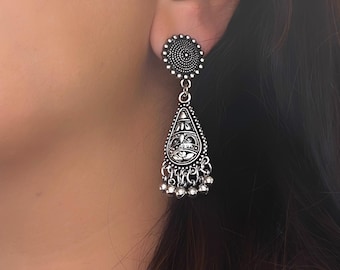 Handmade Oxidized Silver Dangle Earrings, Chunky Indian Jewelry