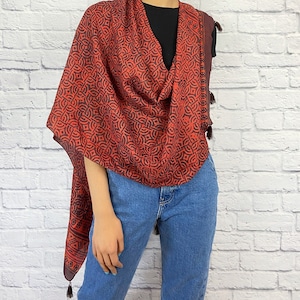 Pure Silk Hand Block Print Boho Scarf for Women, Silk Stole for girls, all season Scarf, 100% Silk Wrap Shawl, Long Tribal Scarf with Tassel