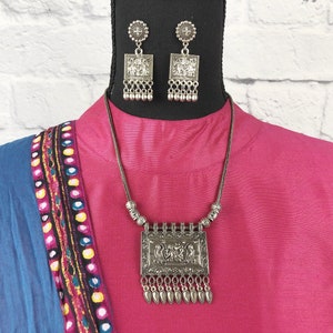 Boho Indian Necklace, Amulet Jewelry Set, Bollywood Chocker And Earring, Oxidized Silver Jewelry Set, Festive Wear Garba Statement Jewelry