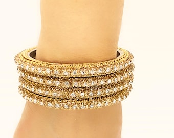 Conjunto de brazaletes de oro con circonitas cúbicas hechos a mano, joyería nupcial india (4 piezas)
