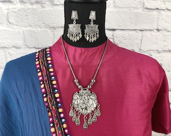 Oxidized Peacock Pendant Necklace Set, Boho Indian Jewelry