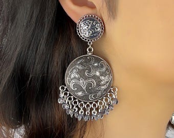 Handmade Oxidized Silver Dangle Earrings, Chunky Indian Jewelry