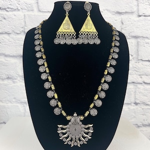 Long Indian Necklace Set, Silver Gold Statement Necklace, Boho Hippie Jewelry, Navratri Jewelry, Oxidized Bollywood Jewelry For Women & Girl