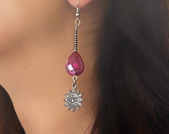 Orecchini pendenti in agata rosa Crazy Lace, ciondolo a forma di sole in argento sterling, stile boho.