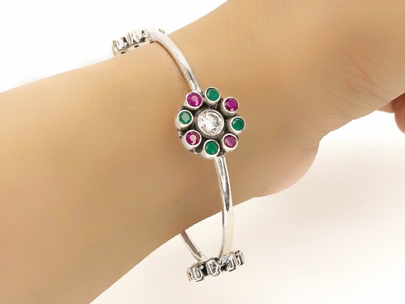 Sterling Silver Bangle for Her Emerald Ruby Flower Bangle Gift for Women Wedding Jewelry Anniversary Gift 925 Silver Kada Bracelet Etsy Australia