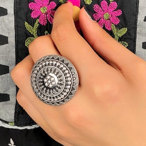 Handmade Sterling Silver Adjustable Ring For Women, Cocktail Statement Ring Gift For Her, Indian Boho Jewelry, Antique Ring Gift For Her
