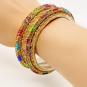 Navratan Kundan Polki Bangle Pair For Women, Multi Color Stone Bangles Pakistani Jewelry, Indian Wedding, Bollywood Jewelry