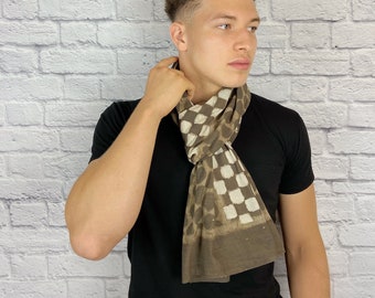 Unisex Pure Cotton Hand Block Printed Scarf, Natural Dye Neutral Color Stole For Men, 100% Cotton Wrap For Him, All Season Scarf, Head Cover