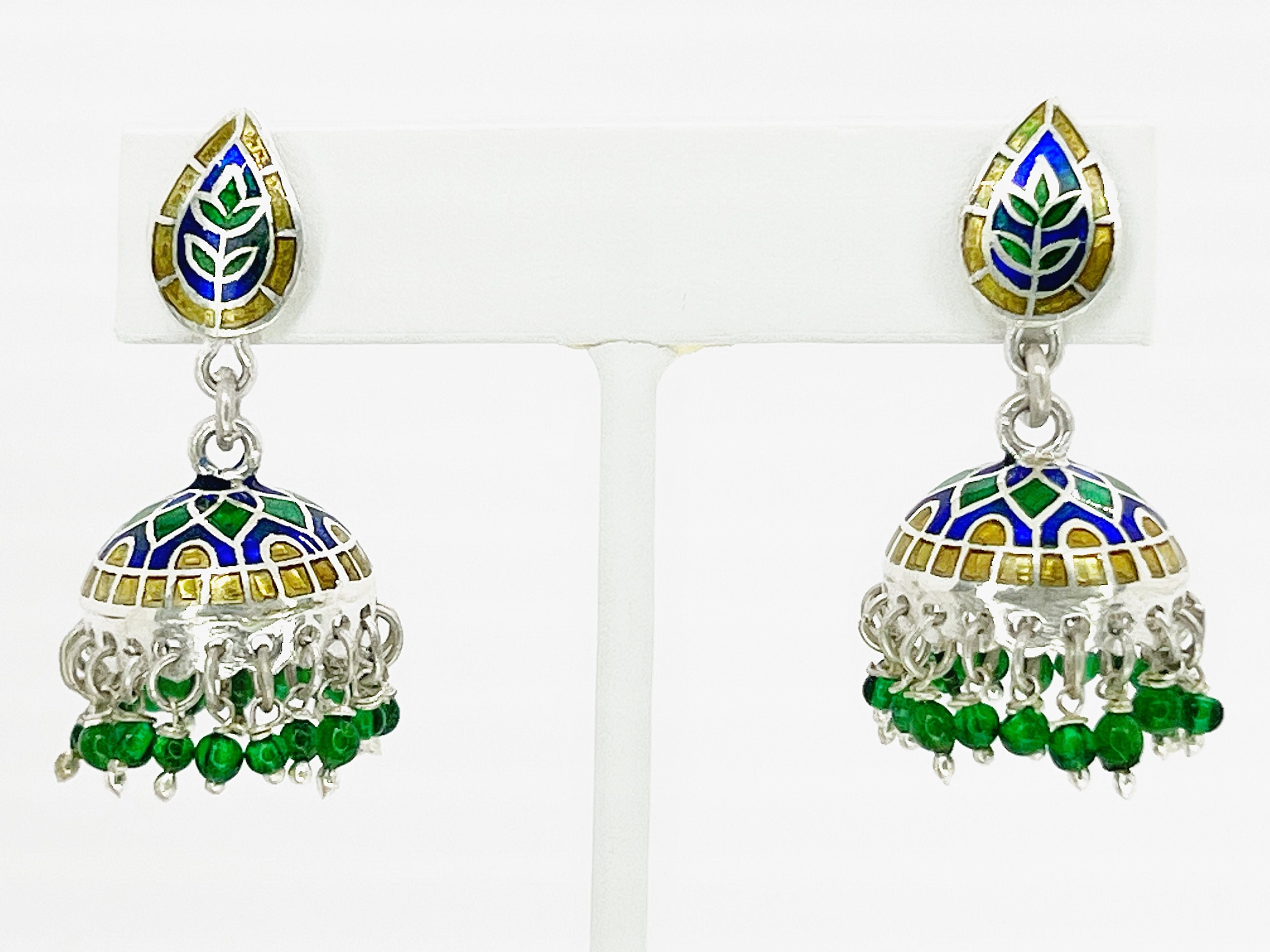 925 Sterling Silver Meenakari Enameled Jhumka Earrings for Women