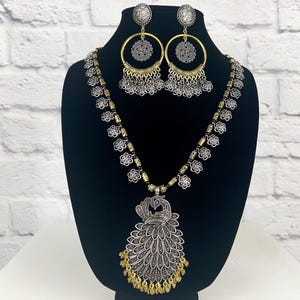 Long Indian Necklace Set, Silver Gold Statement Necklace, Boho Hippie Jewelry, Navratri Jewelry, Oxidized Bollywood Jewelry For Women & Girl