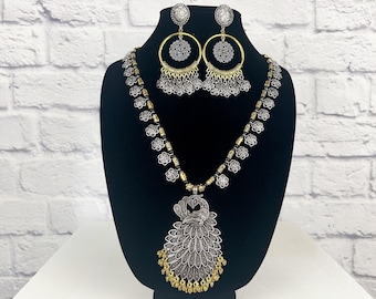 Oxidized Peacock Necklace Earring Set, Silver Gold Bollywood Jewelry