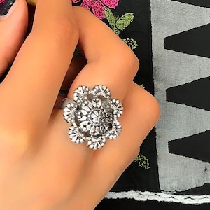 925 Silver Flower Ring For Women, Sterling Silver Statement Ring Gift For Her, Adjustable Boho Ring, Indian Bollywood Jewelry, Afghani Ring