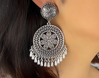 Handmade Oxidized Silver Dangle Earrings, Chunky Indian Jewelry