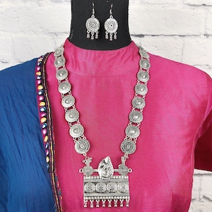 Oxidized Silver Jewelry Set, Adjustable Boho Indian Necklace, Long Bollywood Statement Necklace And Earring, Wedding Jewelry Choker, Afghani