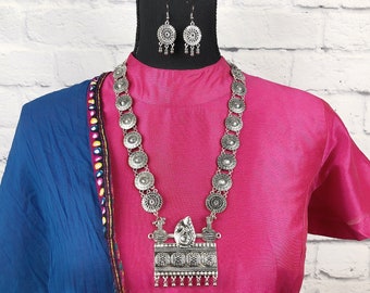 Oxidized Silver Jewelry Set, Boho Indian Necklace and Earrings