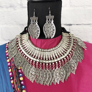 Oxidized Silver Statement Jewelry Set, Oversize Afghani Necklace, Indian Bollywood Necklace And Earring, Navratri Garba Jewelry, Bib Choker