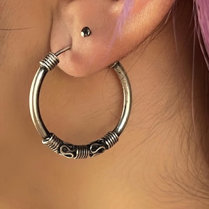 925 Sterling Silver Boho Bali Style Hoop Earring, Gift For Her, Indian Hoop Earrings, Ornate Silver Hoops, Antique Style Bohemian Bali