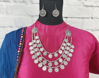 Oxidized Silver Boho Necklace Earring Set, Indian Garba Jewelry