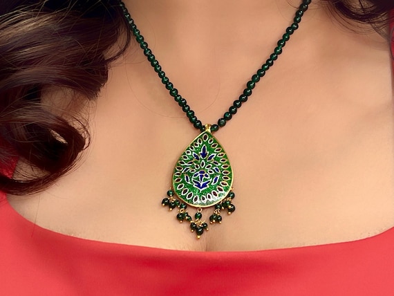 Gold Plated Sterling Silver Meenakari Necklace Set, Hand Enamel Jaipur Jewelry