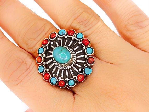 Genuine 925 Sterling Silver Chunky Natural Gemstone Ring - Pear Turquoise, Size 8, Handmade Boho Jewelry