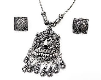 Handmade Oxidized Silver Indian Jewelry Set, Boho Necklace