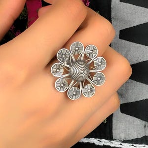 Handmade Sterling Silver Adjustable Flower Ring For Women, Filigree Ring Gift For Her, Tribal Statement Jewelry, Unique Boho Indian Ring