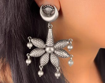 Handmade Sterling Silver Flower Dangle Earrings, Oxidized Boho Jewelry