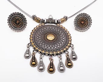 Handmade Oxidized Indian Jewelry Set: Boho Necklace & Earrings