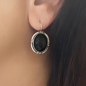 Handmade Sterling Silver Dangle Earrings with Cabochon Onyx, Boho Statement Jewelry Gift for Christmas, Boho Indian Earring, July Birthday
