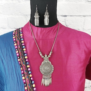 Oxidized Silver Jewelry Set, Boho Indian Necklace, Bollywood Chocker And Earring, Ethnic Pendant, Navratri Garba Jewelry, Afghani Jewelry