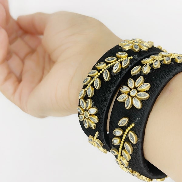 Silk Thread Bangle Pair Women, Indian Kundan Jewelry, Rhinestones Bangle Bracelet, Black And Gold Bracelet Bangle, Pakistani Jewelry