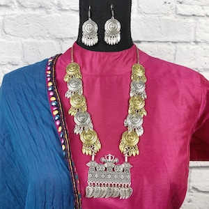 Dual Tone Oxidized Jewelry Set, Statement Bollywood Chocker And Earring, Boho Indian Adjustable Necklace, Navratri Garba Jewelry