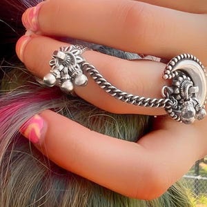 Ring And Knuckle Ring Set With Chain in Sterling Silver, Boho Indian Full Finger Ring, Aesthetic Ring, Adjustable Midi Ring And Ring Combo