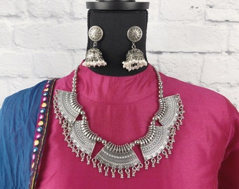 Oxidized Silver Statement Jewelry Set, Adjustable Necklace Earrings