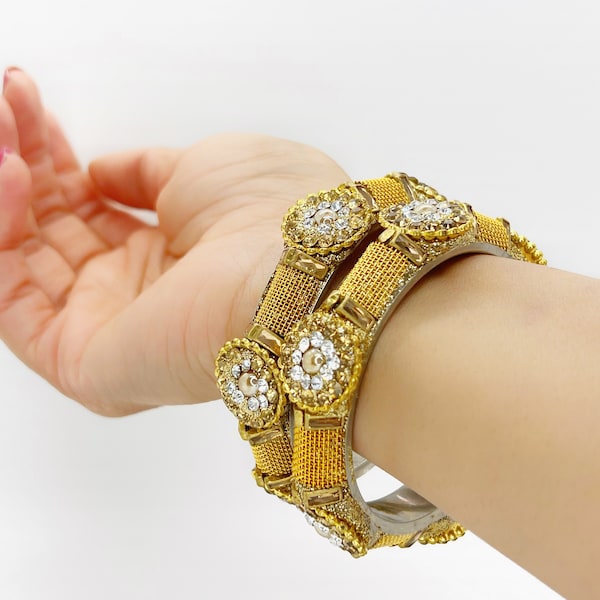 Jaipur Gold Bangles Pair For Women, Indian Wedding Jewelry, Rhinestone Punjabi Bangle Bracelet, Pakistani Jewelry, CZ Bangles Kade