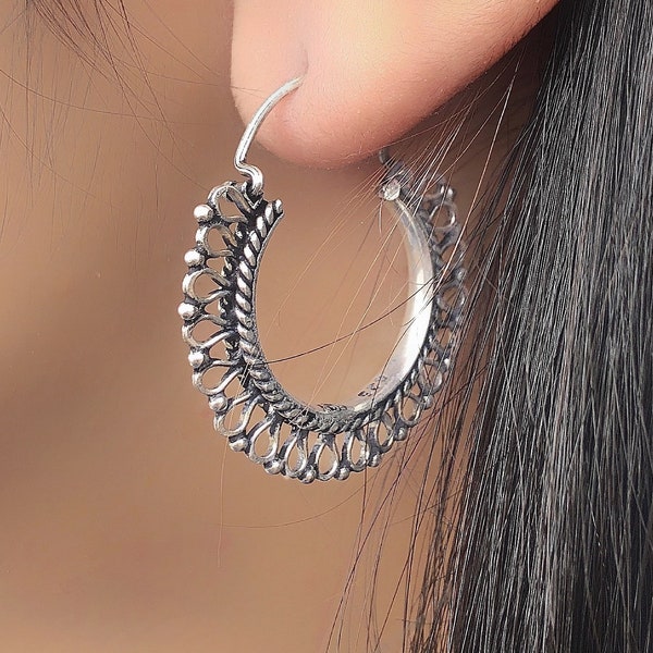 Ornate Sterling Silver Boho Hoop earrings for women, Bali style Ethnic earrings gift for her, Large Silver Hoops