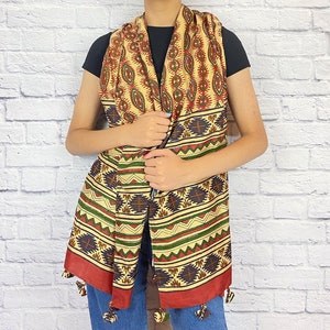 Pure Silk Hand Block Print Boho Scarf for Women, Silk Stole for girls, all season Scarf, 100% Silk Wrap Shawl, Long Tribal Scarf with Tassel