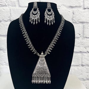 Long Indian Necklace Set, Silver Statement Necklace, Boho Hippie Jewelry, Navratri Jewelry, Oxidized Bollywood Jewelry For Women & Girls